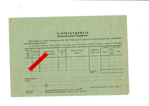 GG: LIeferungsavis für die Landwirtschaftliche Zentralstelle Krakau