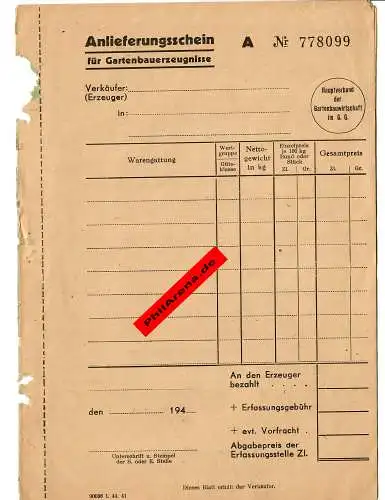 GG: Blanko Anlieferungsschein für Gartenbauerzeugnisse, 1941