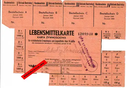 Carte alimentaire GG pour enfants non allemands de plus de 14 ans, Cracovie, janvier 1945