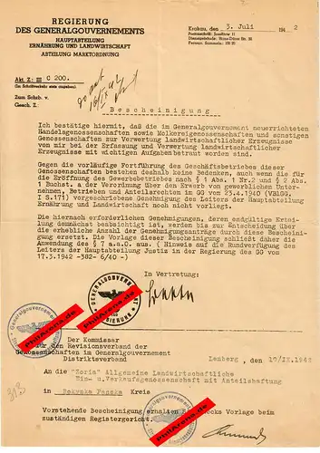 GG: Genehmigung Handels- Molkereigenossenschaft für Bokynka Panska 1942