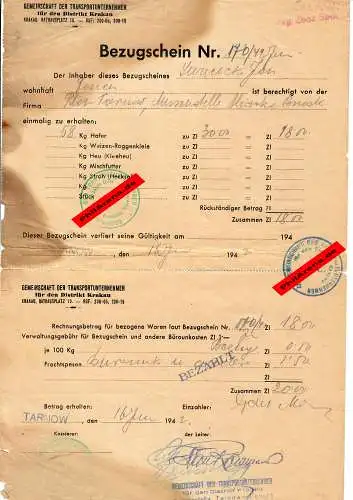 GG: Bezugschein für 58kg Hafer, Tarnow-Debica 1942