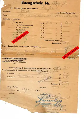 GG: Bezugschein für 72kg Hafer, Tarnow-Debica 1942