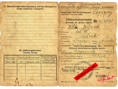 GG: GdM: Tabakanbaukonzession Busko/Czyzyny mit Eintragung Aufsichtsbeamter 1944