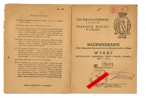 GG: Nachweiskarte über bezogene Spinnstoffwaren/Schuhe/Pelze: Lublin 1942