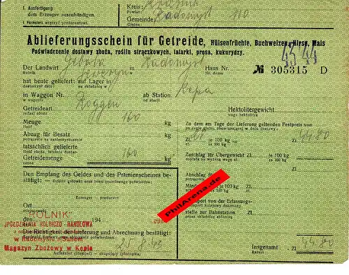 GG: Ablieferungsschein für Getreide/Hülsenfrüchte/Gerste, ... Radomysl 1943