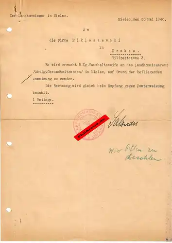 GG: Bestellung Landkommissar Mielec 1940: 5kg. Haushaltsseife