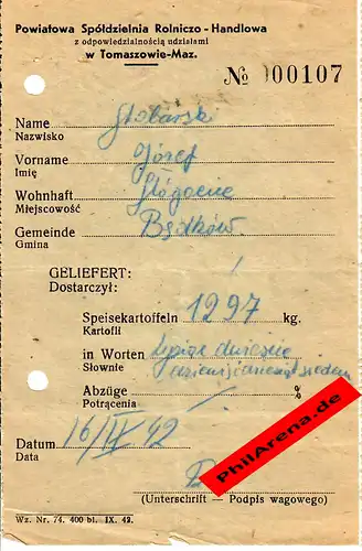 GG: Ablieferung von 1297kg Speisekartoffeln 1942, Tomaszow-Maz.
