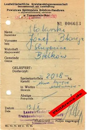 GG: Ablieferung von 2018 kg Speisekartoffeln 1942, Tomaszow-Maz.