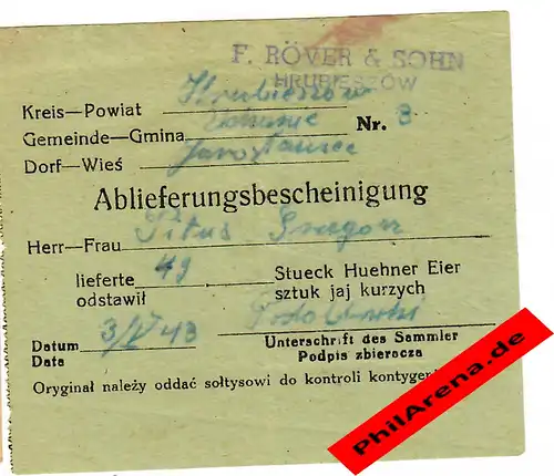 GG: Ablieferungsbescheinigung für 49 Hühner Eier  1943, Hrubieszow, Jaroslau