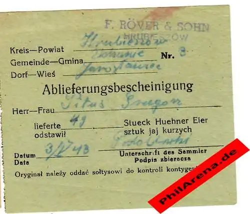 GG: certificat de livraison pour 49 poulets oeufs en 1943, Hrubiestsov, Jaroslau