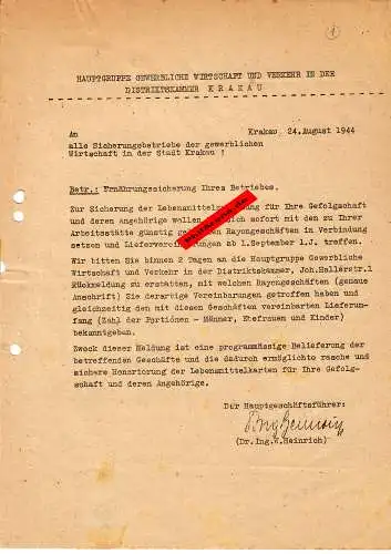 GG: Krakau 1944 : Information an Sicherungsberiebe: Lebensmittel lokal bestellen