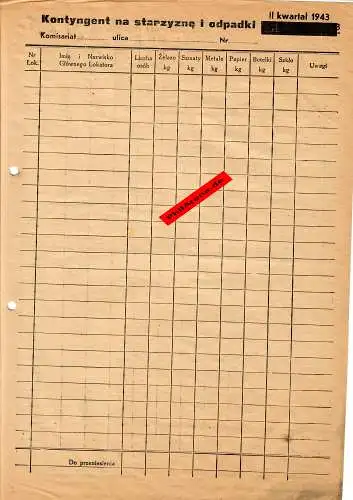 GG: formulaire de livraison de contingents en 1943