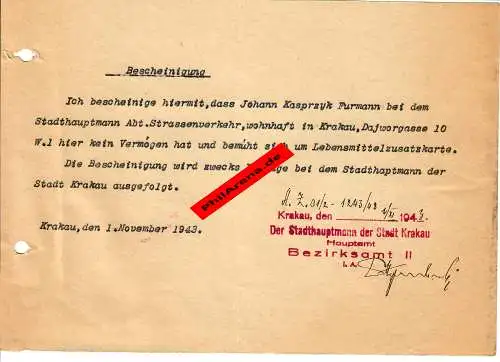 GG: Bescheinigung Krakau 1943: Kein Vermögen, braucht Lebensmittelzusatzkarte