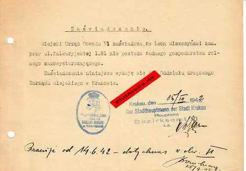 GG: Certification: Carte alimentaire supplémentaire Cracovie Novembre 1942