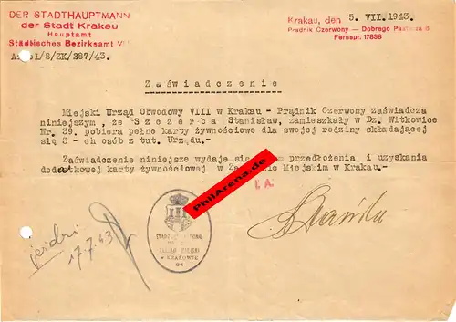 GG: Bescheinigung: Lebensmittelzusatzkarte Krakau Juli 1942