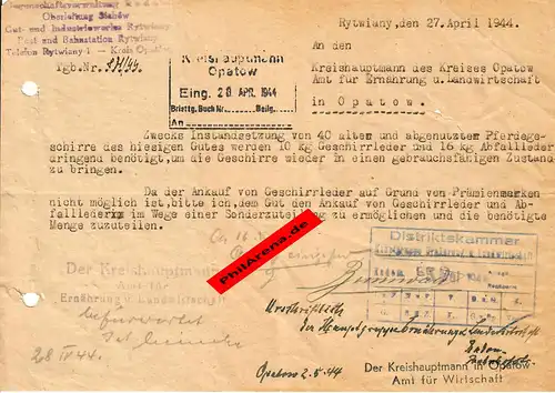 GG: Zuckerfabrik Rytwianynach Opatow: Abfallleder für Pferdegeschirr 1944