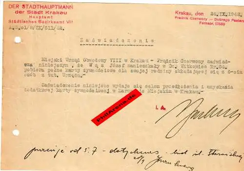 GG: Bescheinigung: Lebensmittelzusatzkarte September 1942, Krakau