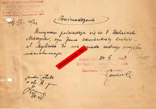 GG: certificat: carte alimentaire supplémentaire novembre 1943, Cracovie