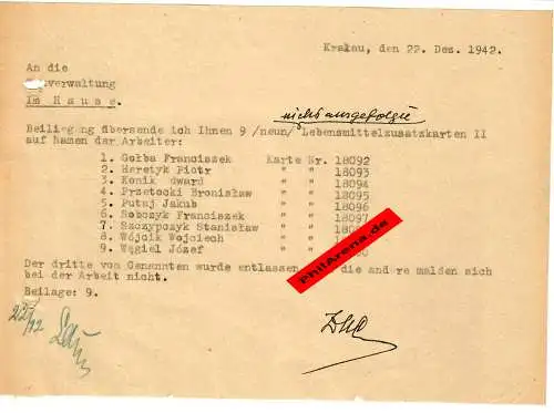 GG: Lebensmittelzusatzkarten II: 9x Rücksendung da Arbeiter nicht da waren 1942