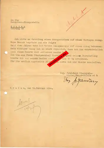 GG: Bitte um Zuteilung Bezugschein für Anzug, Thorn/Krakau 1944