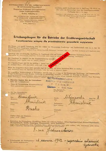GG: Erhebungsbogen für Betriebe der Ernährungswirtschaft: Chmielnik/Busko 1942