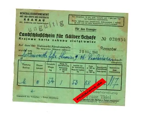 GG: Landschlußschein für Kälber/Schafe, Rzeszow/Reichshof 1941