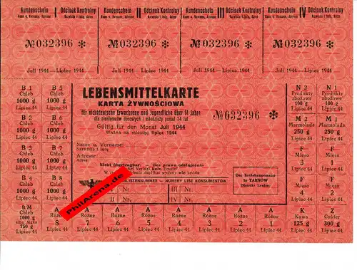 GG: Carte alimentaire Tarnow pour non-allemands de plus de 14 ans, juillet 1944