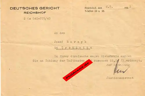 GG: Deutsches Gericht Reichshof nach Trzcinica: Strafsache wegen Diebstahls 1942