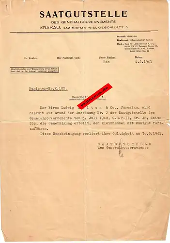 GG: Saatgutstelle Kazimierza: Bescheinigung Fortführung Saatguthandel 1941