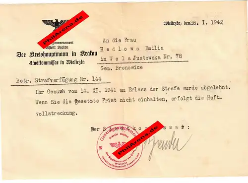 GG: Androhung Haftvollstreckung für Frau in Wola/Bronowice/Wielizka 1942