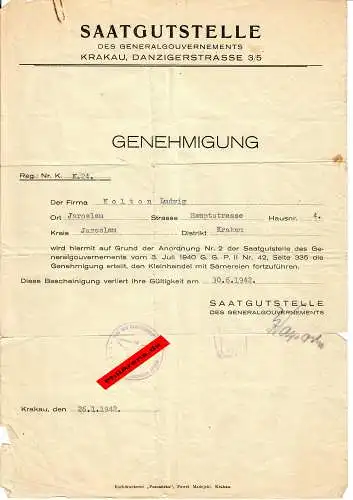 GG: Genehmigung Saatgutstelle Jaroslau für Kleinhandel mit Sämereien 1942