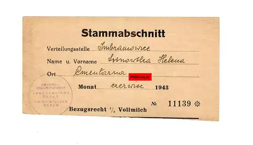 GG: Bezugsrecht für 1/4 Liter Vollmilch 1943, Skala / Imbramowice