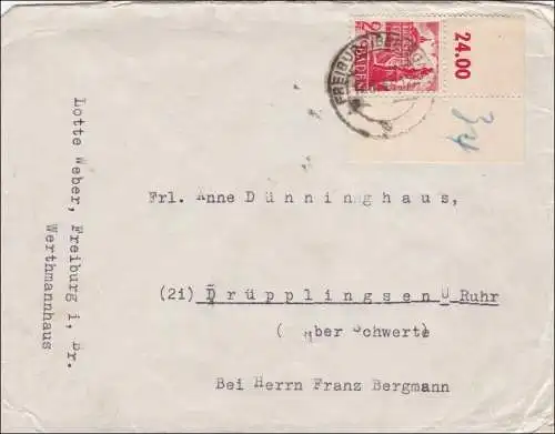 Französische Zone: Brief von Freiburg 1947 nach Drüpplingsen - ECKRAND