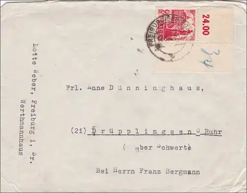 Zone française: Lettre de Fribourg à Drüpplingsen en 1947 - ECKRAND