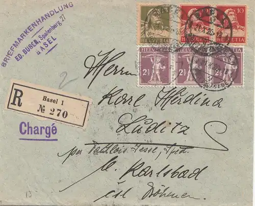 Schweiz: 1920: Einschreiben von Basel nach Karlsbad