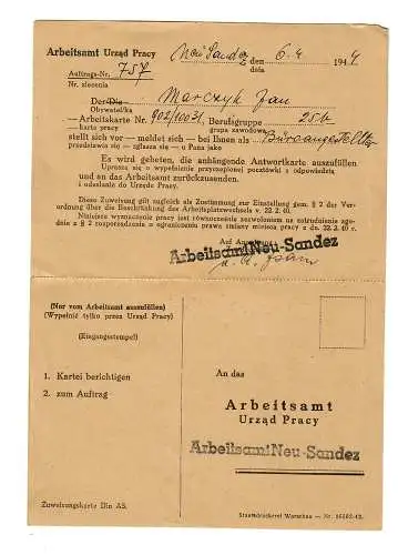 GG: Doppel Postkarte Arbeitsamt Neu Sandez 1944: Vorstellungsgespräch