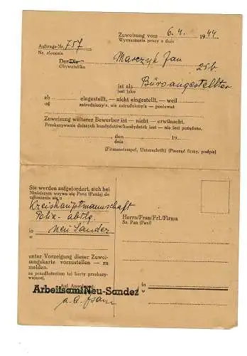 GG: Doppel Postkarte Arbeitsamt Neu Sandez 1944: Vorstellungsgespräch