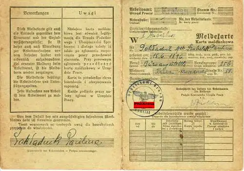 GG: Carte de rapport - Bureau de l'emploi de Cracovie 1941 Employés de bureau