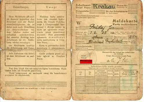 GG: Carte de rapport - Bureau de l'emploi de Cracovie - sans profession - 1942