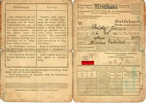GG: Meldekarte -W- Arbeitsamt Krakau - ohne Beruf - 1942