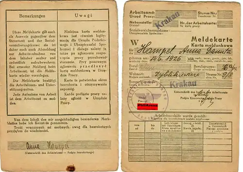 GG: Meldekarte -W- Arbeitsamt Krakau, Kein Beruf, Zyblikiewierca 1942