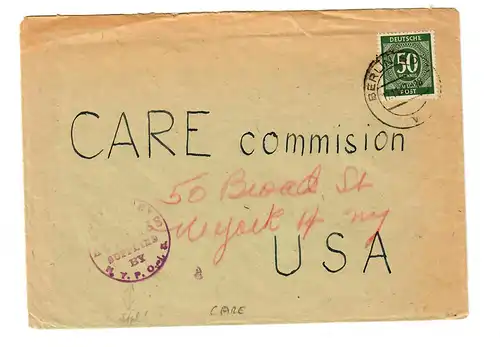 Lettre de Berlin aux États-Unis - NY - avec Censur: Care Commision 1947