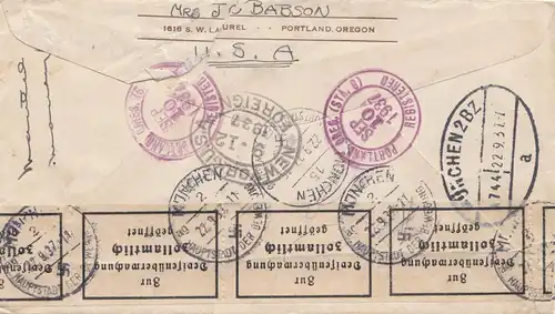 USA 1937: registered Portland, Oregon to München, zollamtlich geöffnet, customs