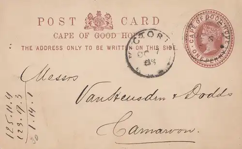 Afrique du Sud 1885: post card Victoria to Cameroon