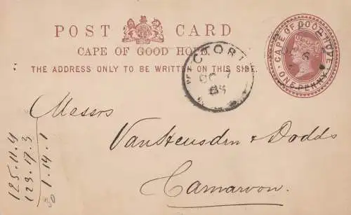 South Africa 1885: post card Victoria to Cameroon