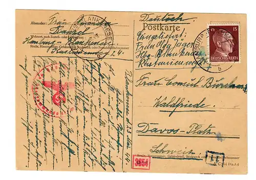 Carte postale 1944 Hambourg vers Davos, Suisse, censure
