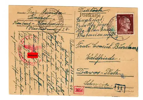 Carte postale 1944 Hambourg vers Davos, Suisse, censure