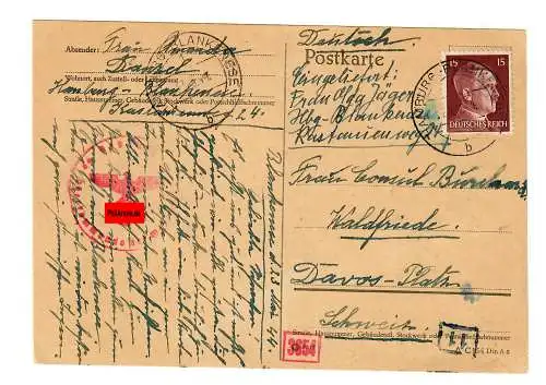 Postkarte 1944 Hamburg nach Davos, Schweiz, Zensur