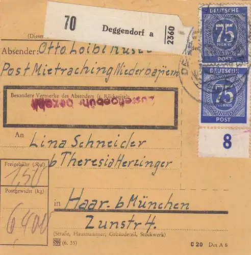 Paketkarte 1947: Post Mietraching, Deggendorf nach Haar