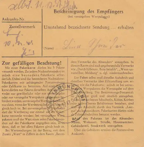 Paketkarte 1947: Post Mietraching, Deggendorf nach Haar